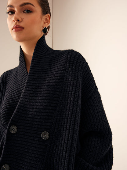 Rippstrick Revers Knopf Strickjacke