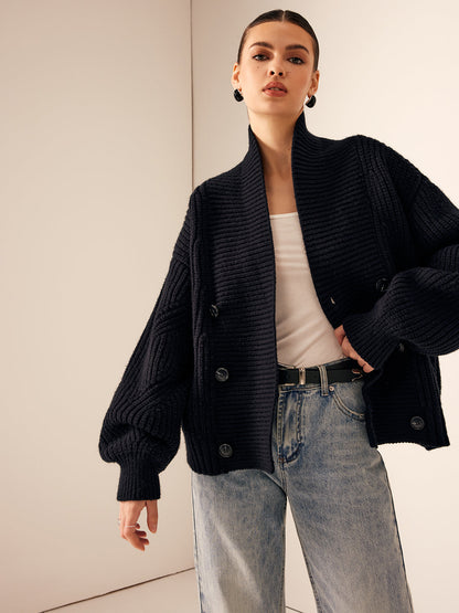 Rippstrick Revers Knopf Strickjacke