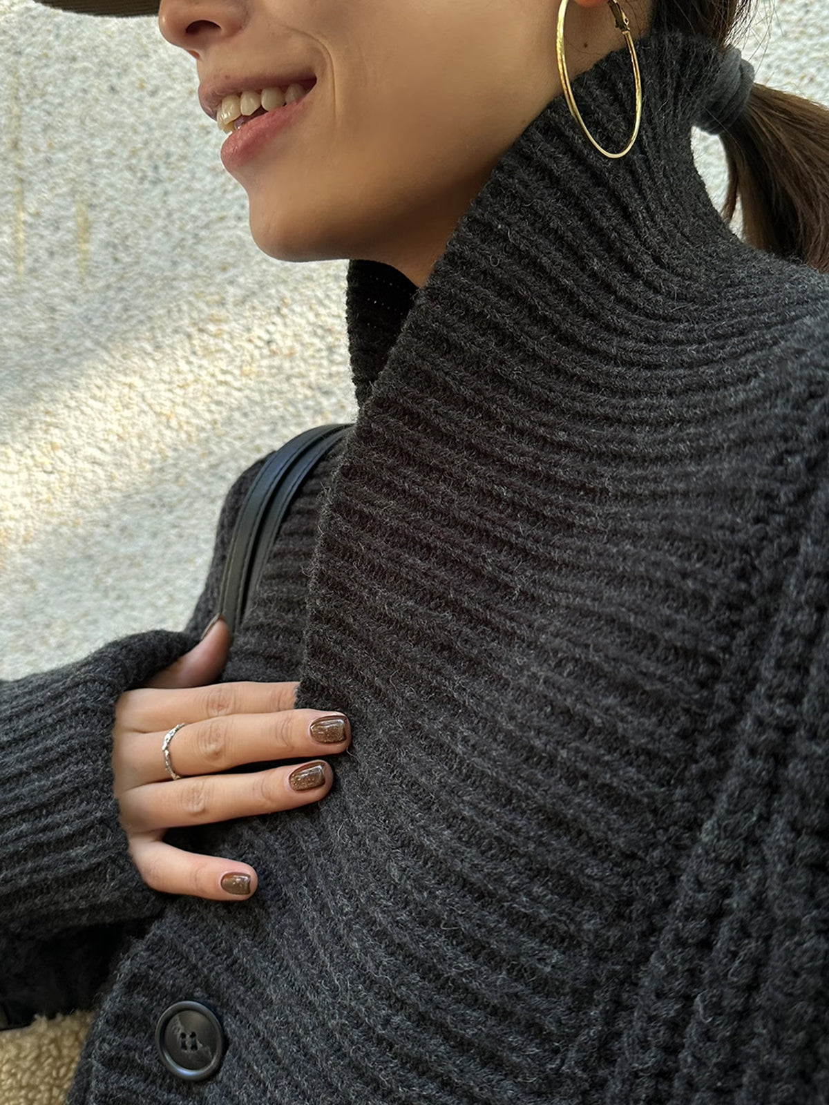 Rippstrick Revers Knopf Strickjacke