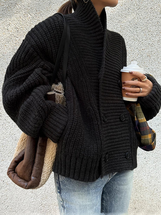Rippstrick Revers Knopf Strickjacke