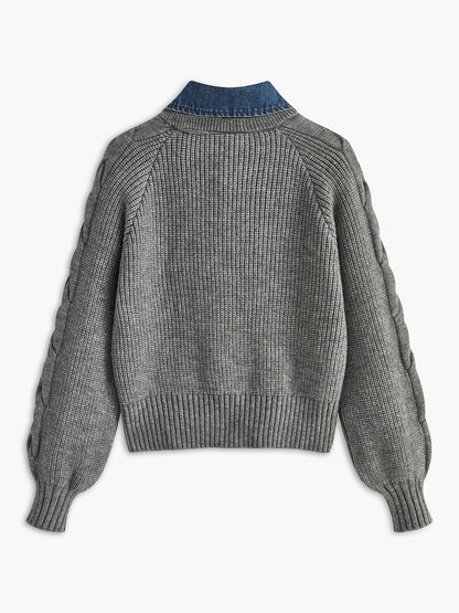 Denim-Panel-Rippkragenpullover