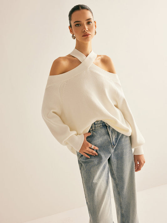 Kreuzkragen Cold-Shoulder Pullover