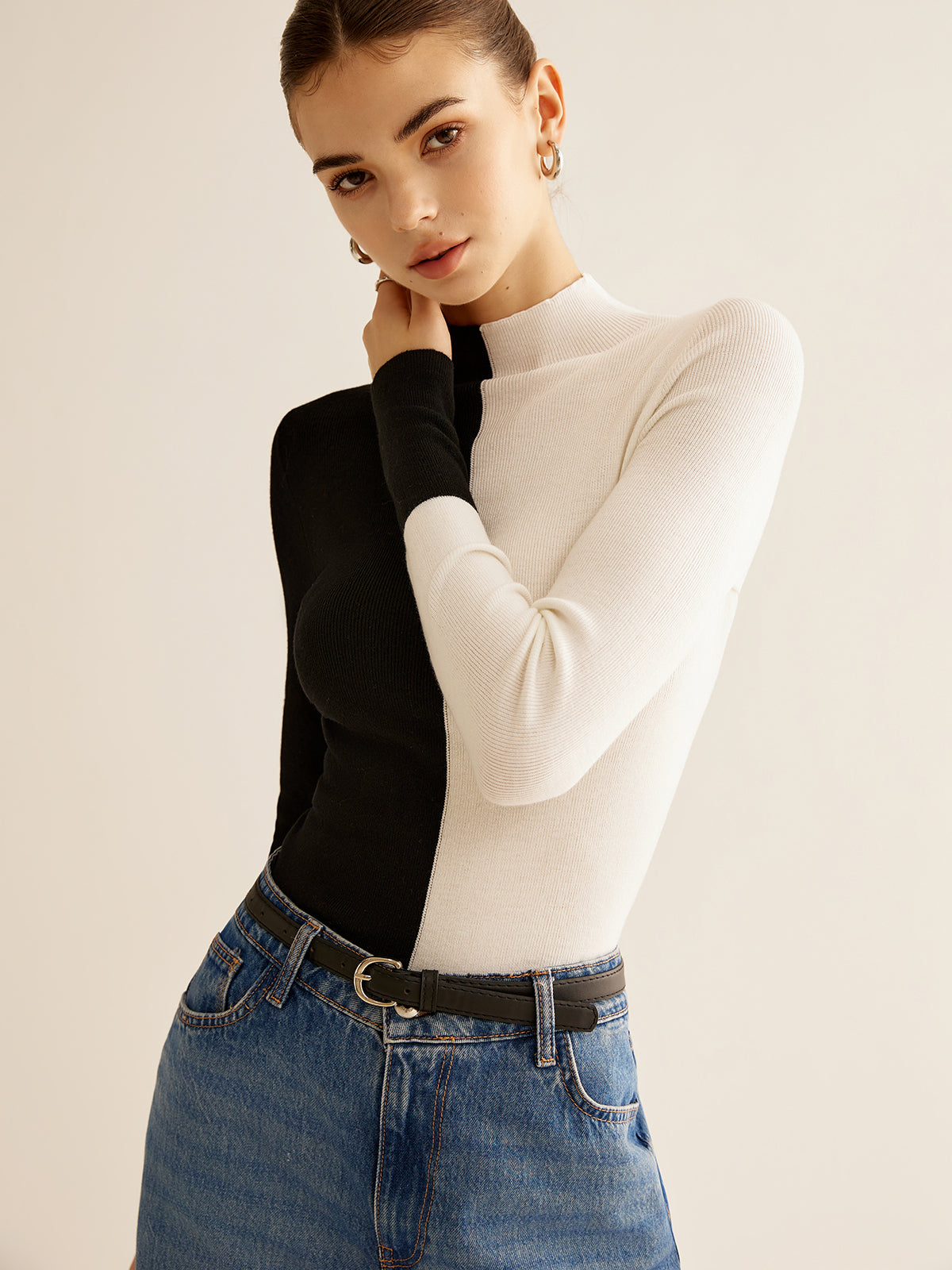 Wollmischung Zweifarbiger Skinny Stricktop