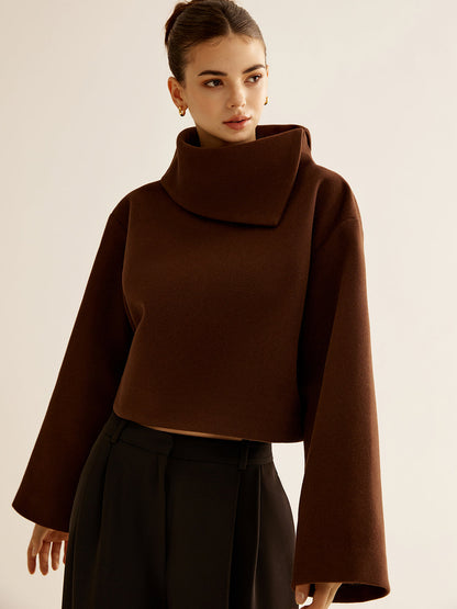 Einfarbiger Rollkragen-Tweed-Top