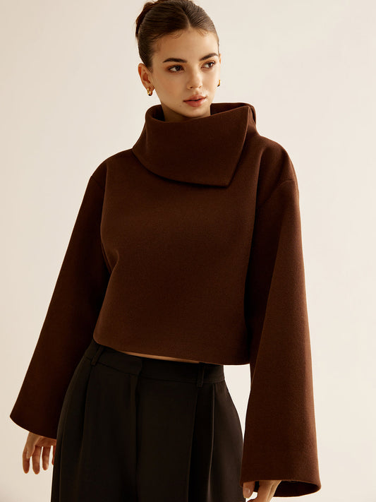 Einfarbiger Rollkragen-Tweed-Top