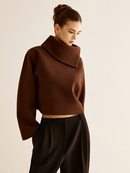 Einfarbiger Rollkragen-Tweed-Top
