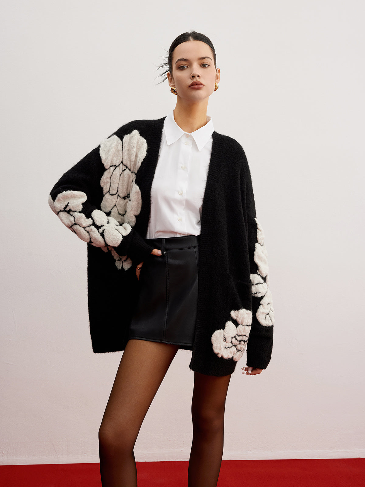 Wollmischung Strick-Blumen Cardigan