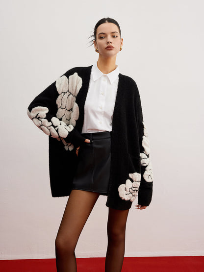 Wollmischung Strick-Blumen Cardigan