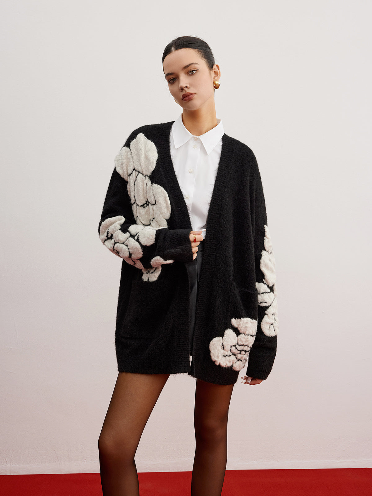 Wollmischung Strick-Blumen Cardigan