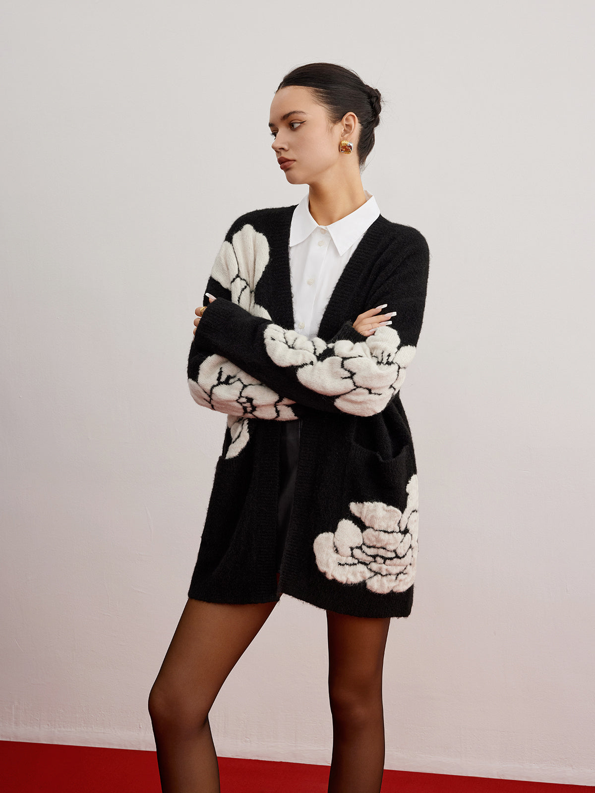 Wollmischung Strick-Blumen Cardigan