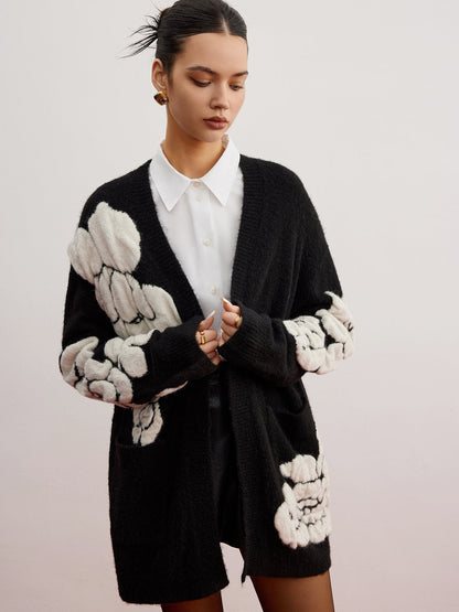 Wollmischung Strick-Blumen Cardigan