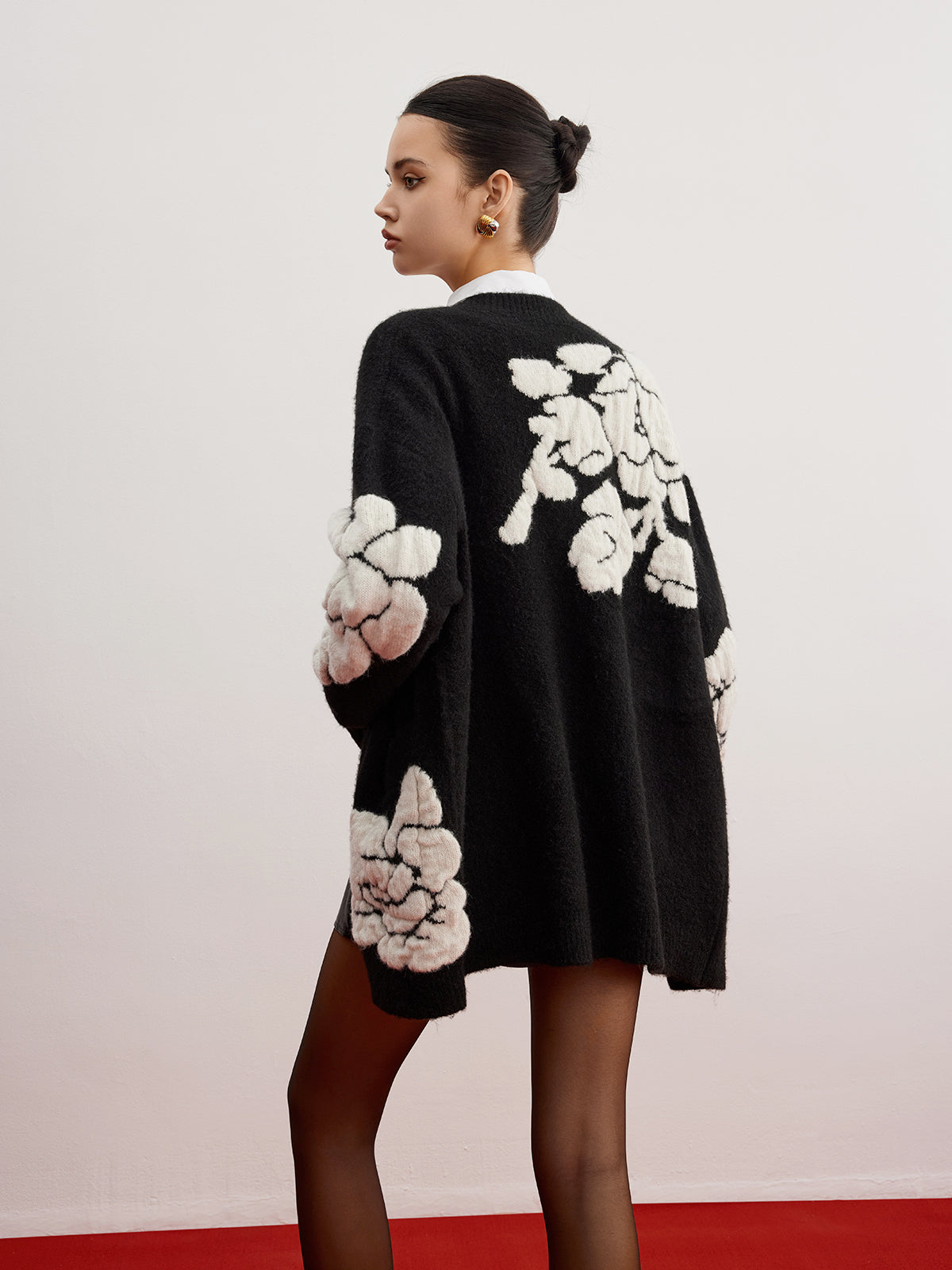 Wollmischung Strick-Blumen Cardigan