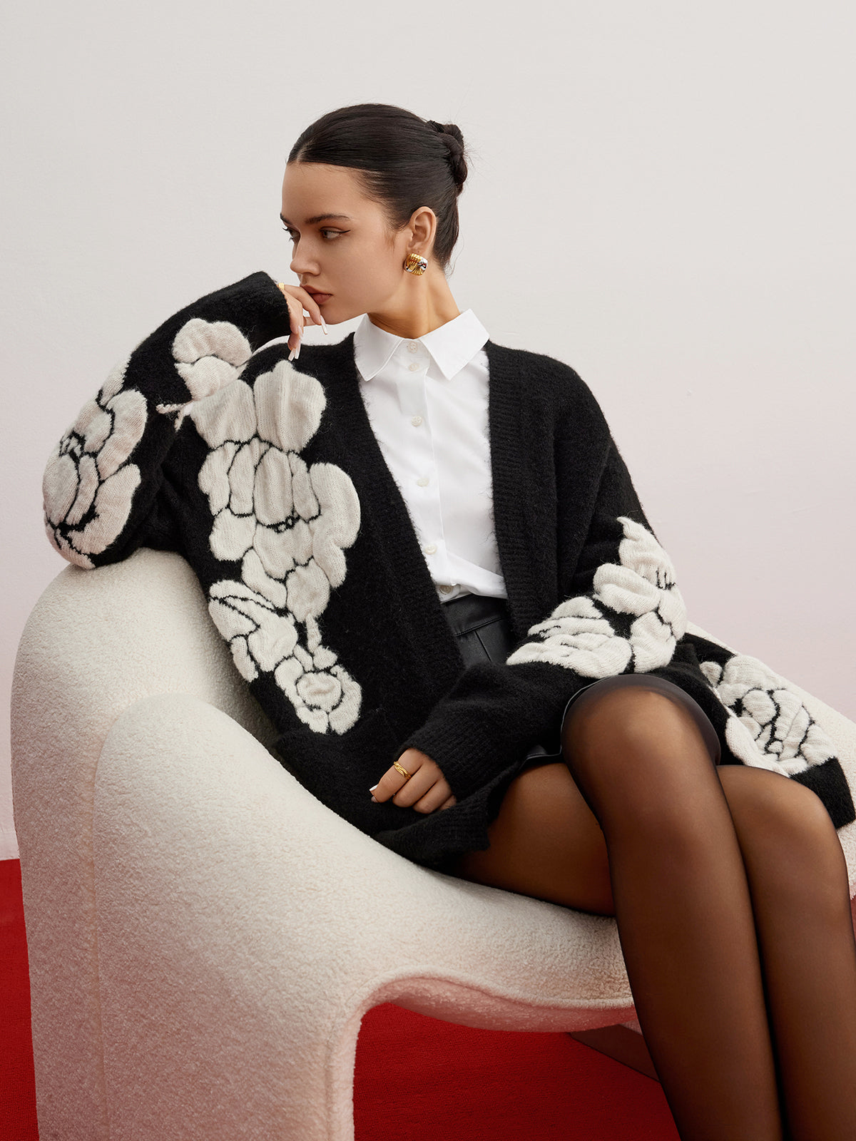 Wollmischung Strick-Blumen Cardigan