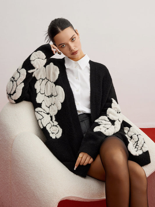Wollmischung Strick-Blumen Cardigan