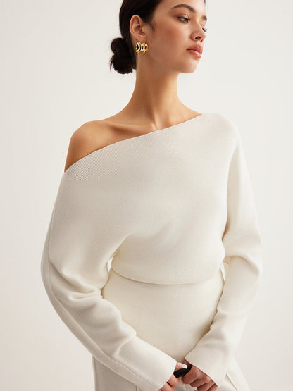 Wollmischung Asymmetrisches Hals Stricktop