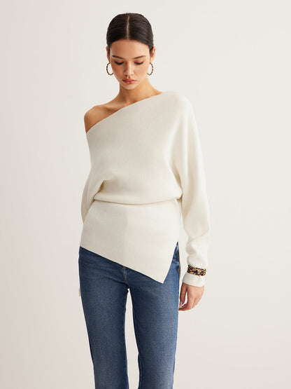 Wollmischung Asymmetrisches Hals Stricktop