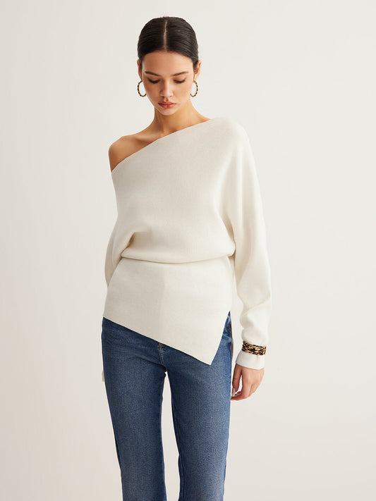 Wollmischung Asymmetrisches Hals Stricktop