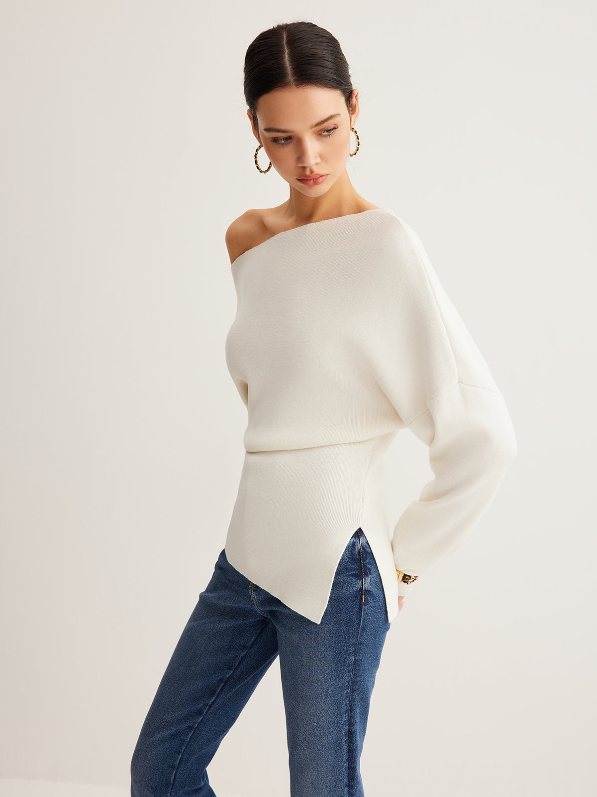 Wollmischung Asymmetrisches Hals Stricktop