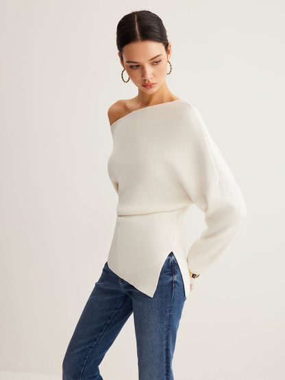 Wollmischung Asymmetrisches Hals Stricktop