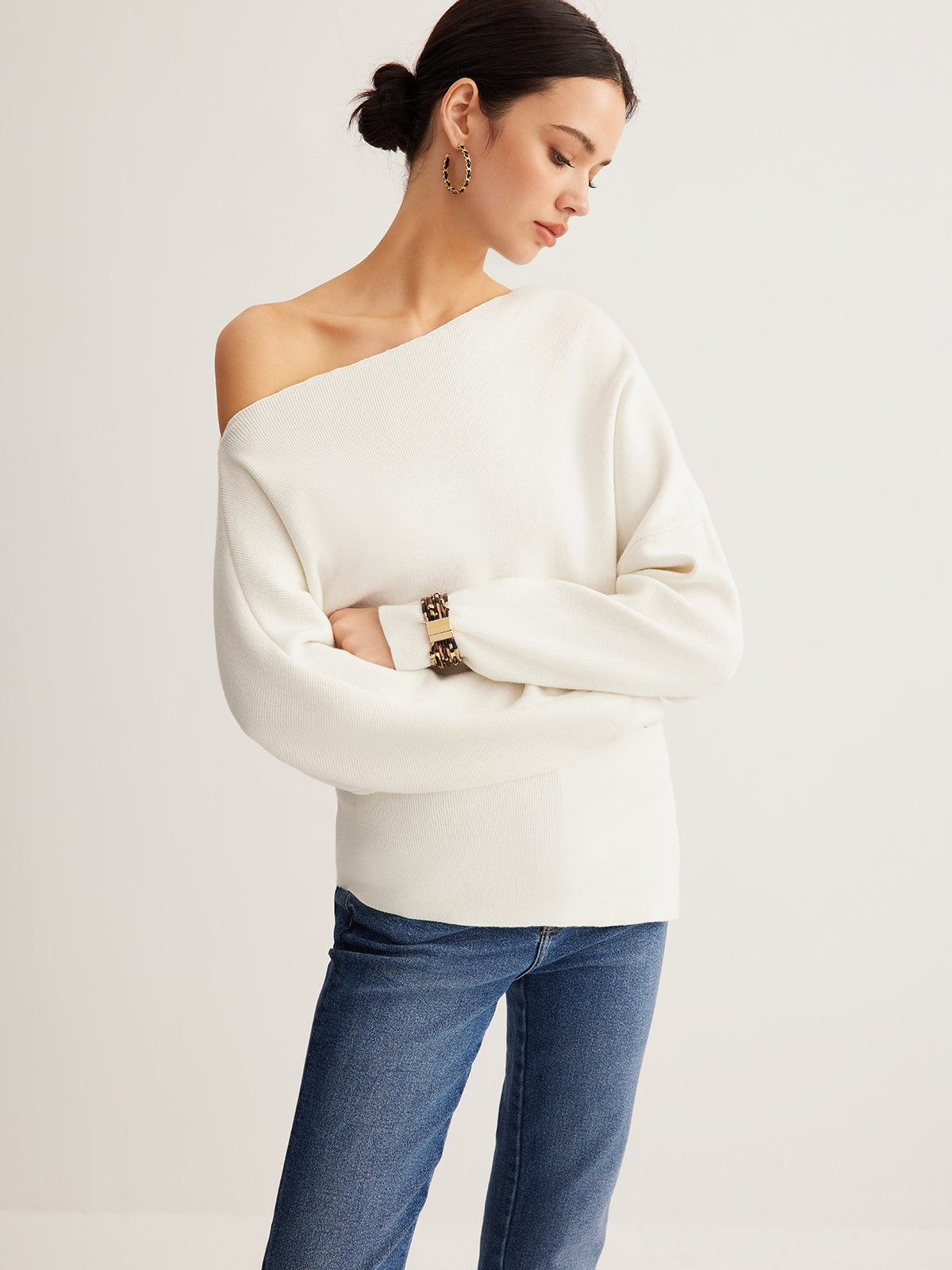Wollmischung Asymmetrisches Hals Stricktop