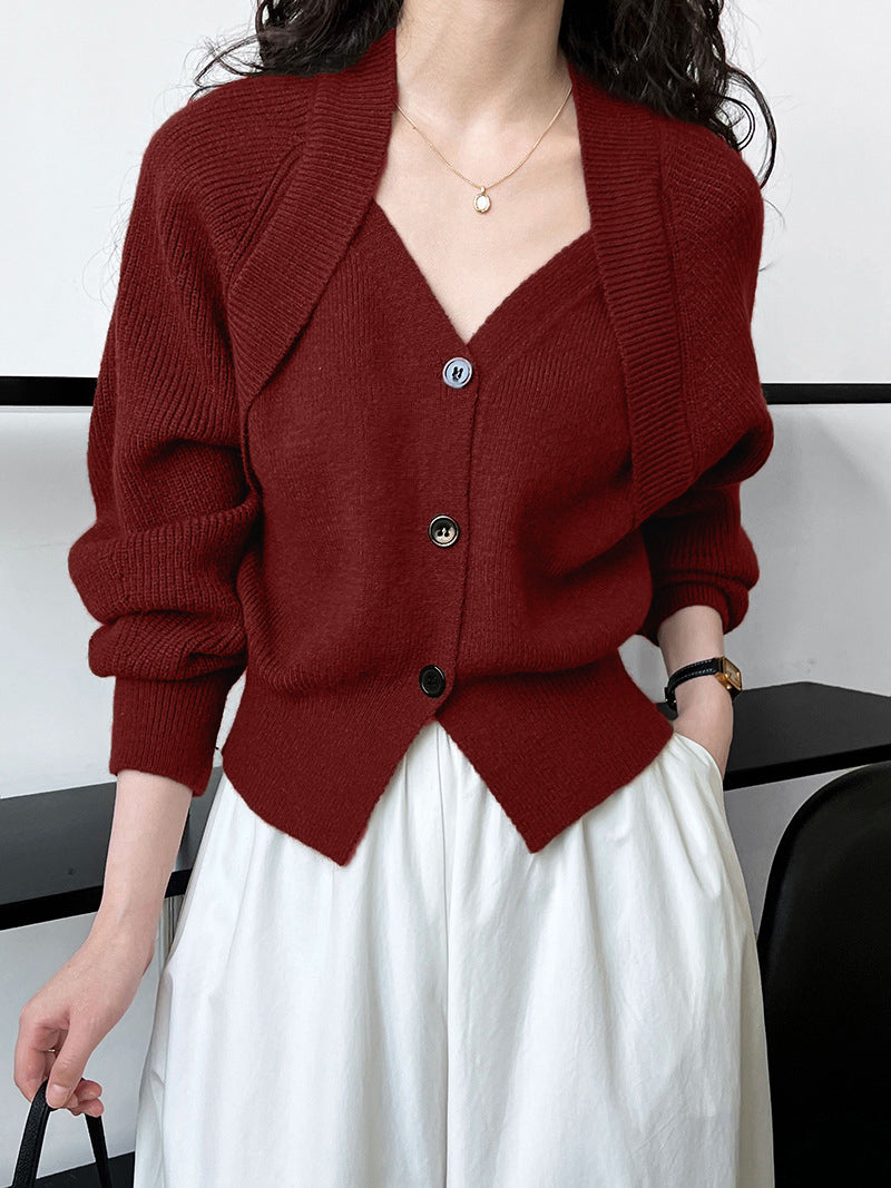 Patchwork V-Ausschnitt Knopf Pullover