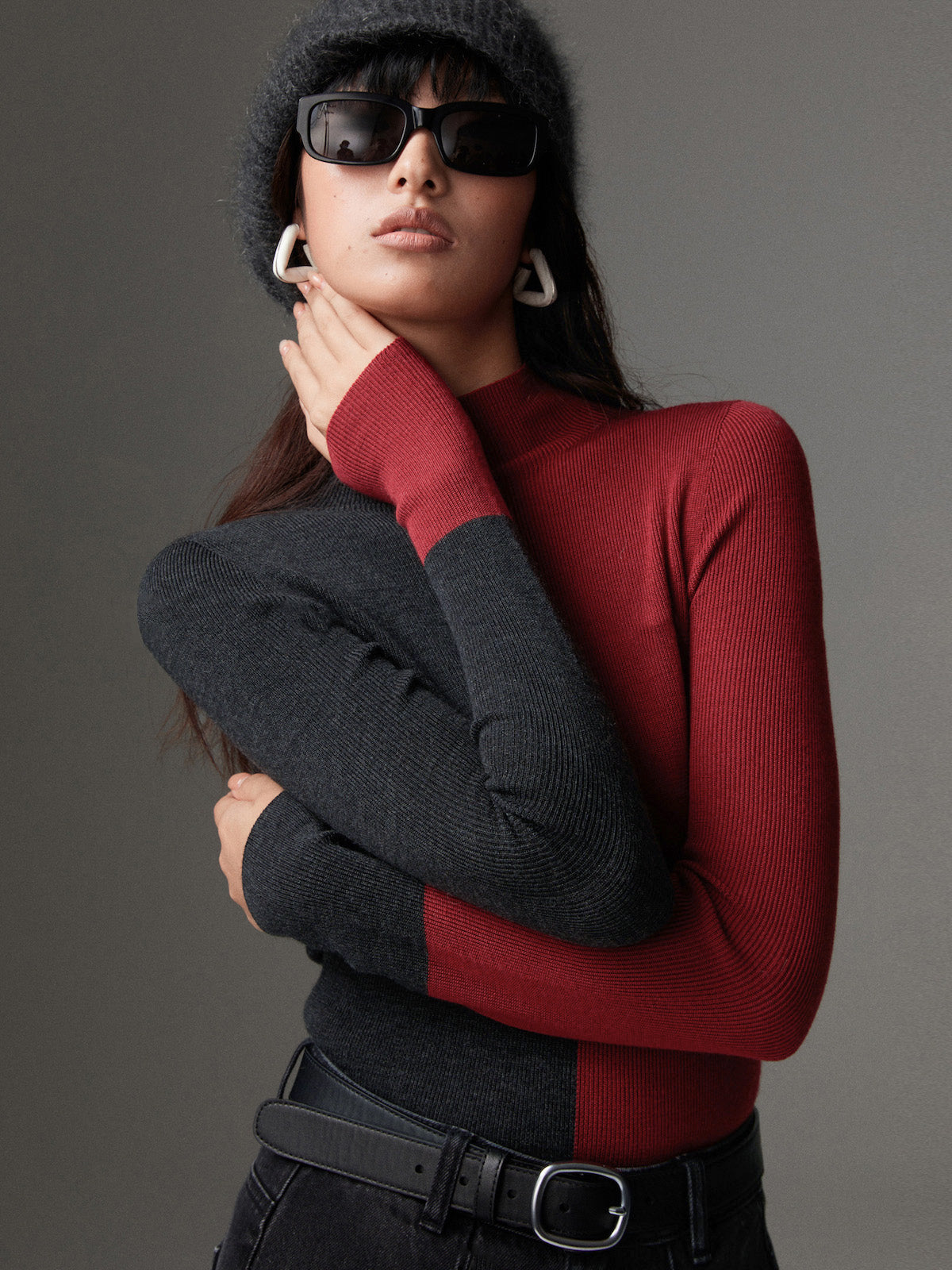 Wollmischung Zweifarbiger Skinny Stricktop