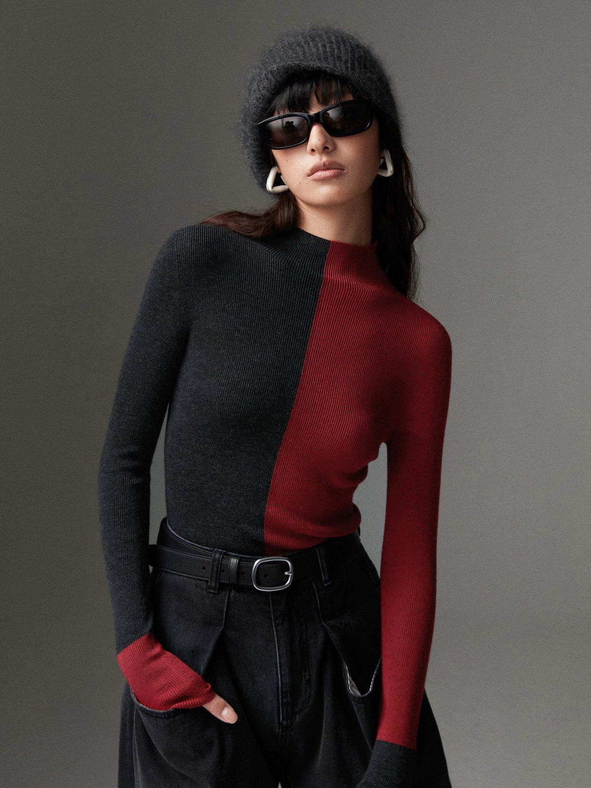 Wollmischung Zweifarbiger Skinny Stricktop