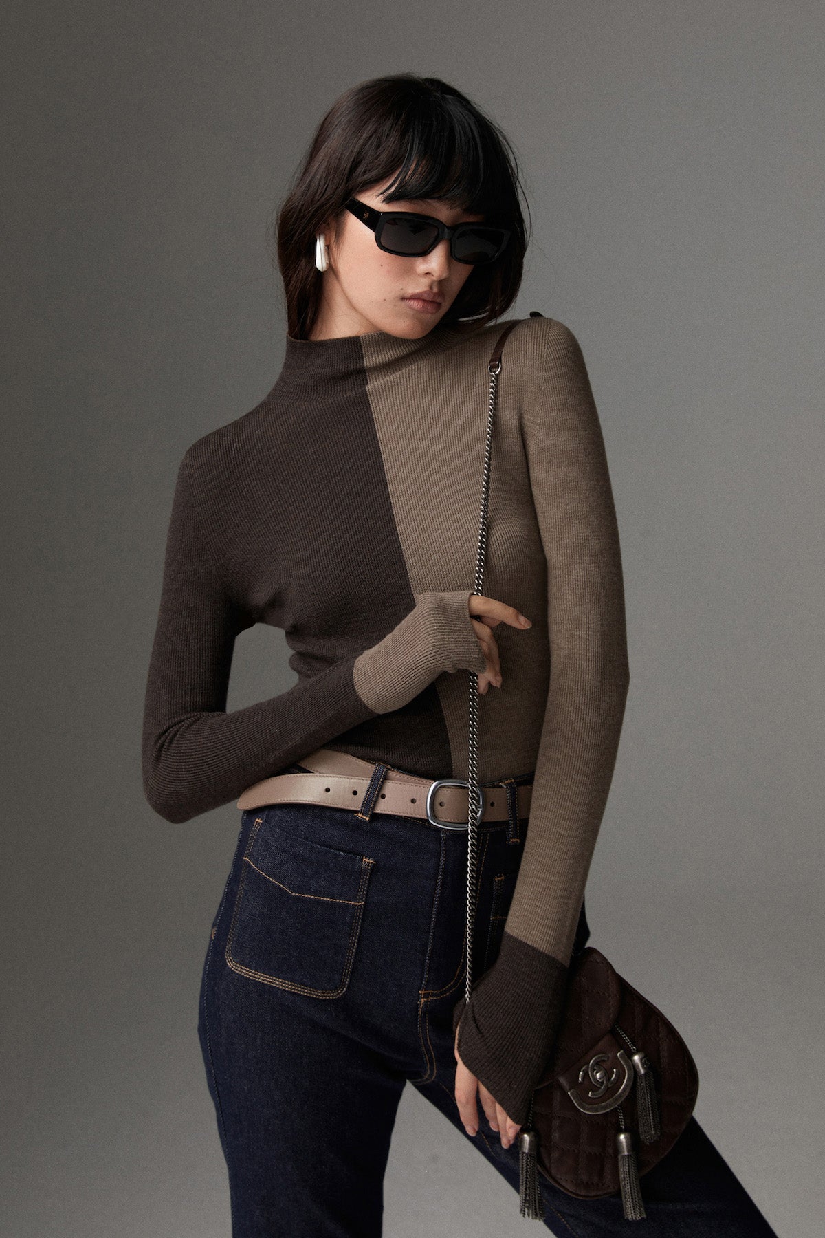 Wollmischung Zweifarbiger Skinny Stricktop