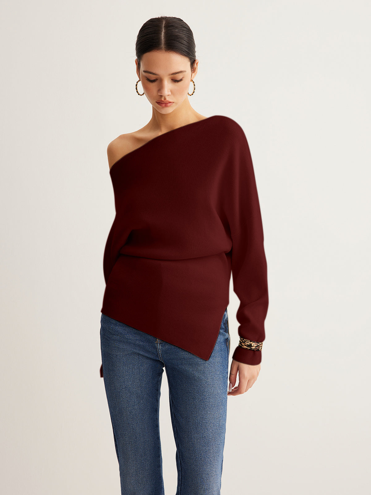 Wollmischung Asymmetrisches Hals Stricktop
