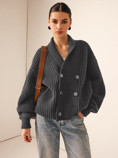 Rippstrick Revers Knopf Strickjacke