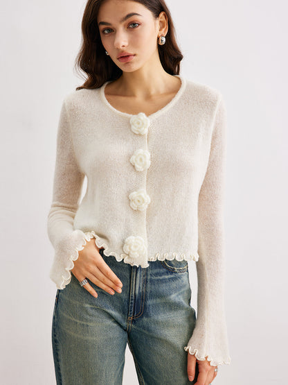 Wollmischung Volant 3D Blumen Detail Cardigan