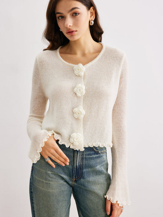 Wollmischung Volant 3D Blumen Detail Cardigan