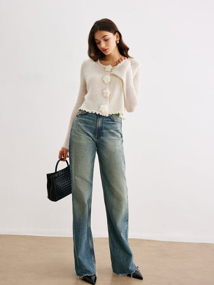 Wollmischung Volant 3D Blumen Detail Cardigan