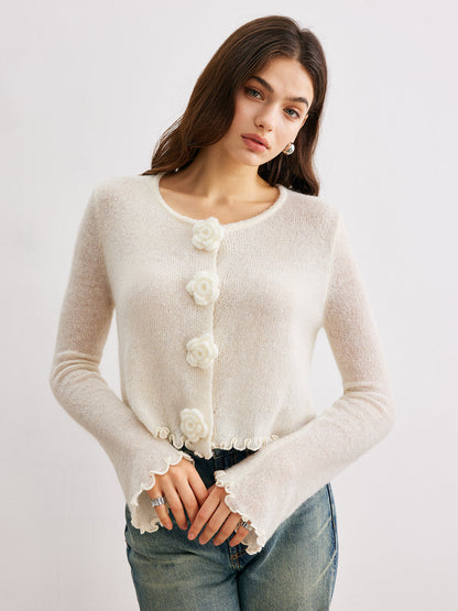 Wollmischung Volant 3D Blumen Detail Cardigan