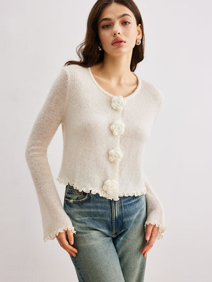Wollmischung Volant 3D Blumen Detail Cardigan