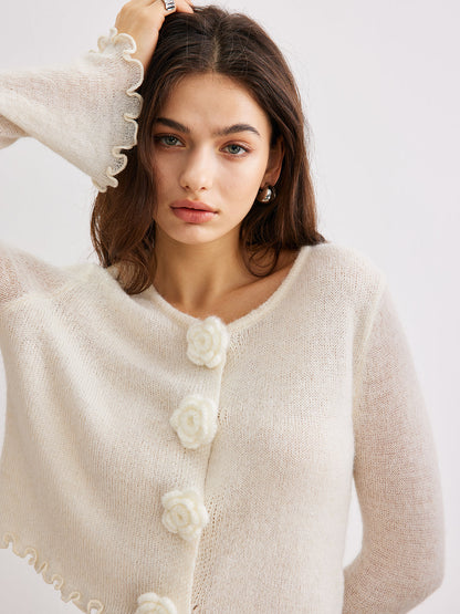 Wollmischung Volant 3D Blumen Detail Cardigan