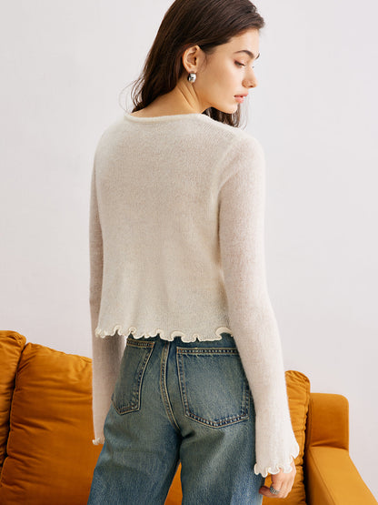 Wollmischung Volant 3D Blumen Detail Cardigan