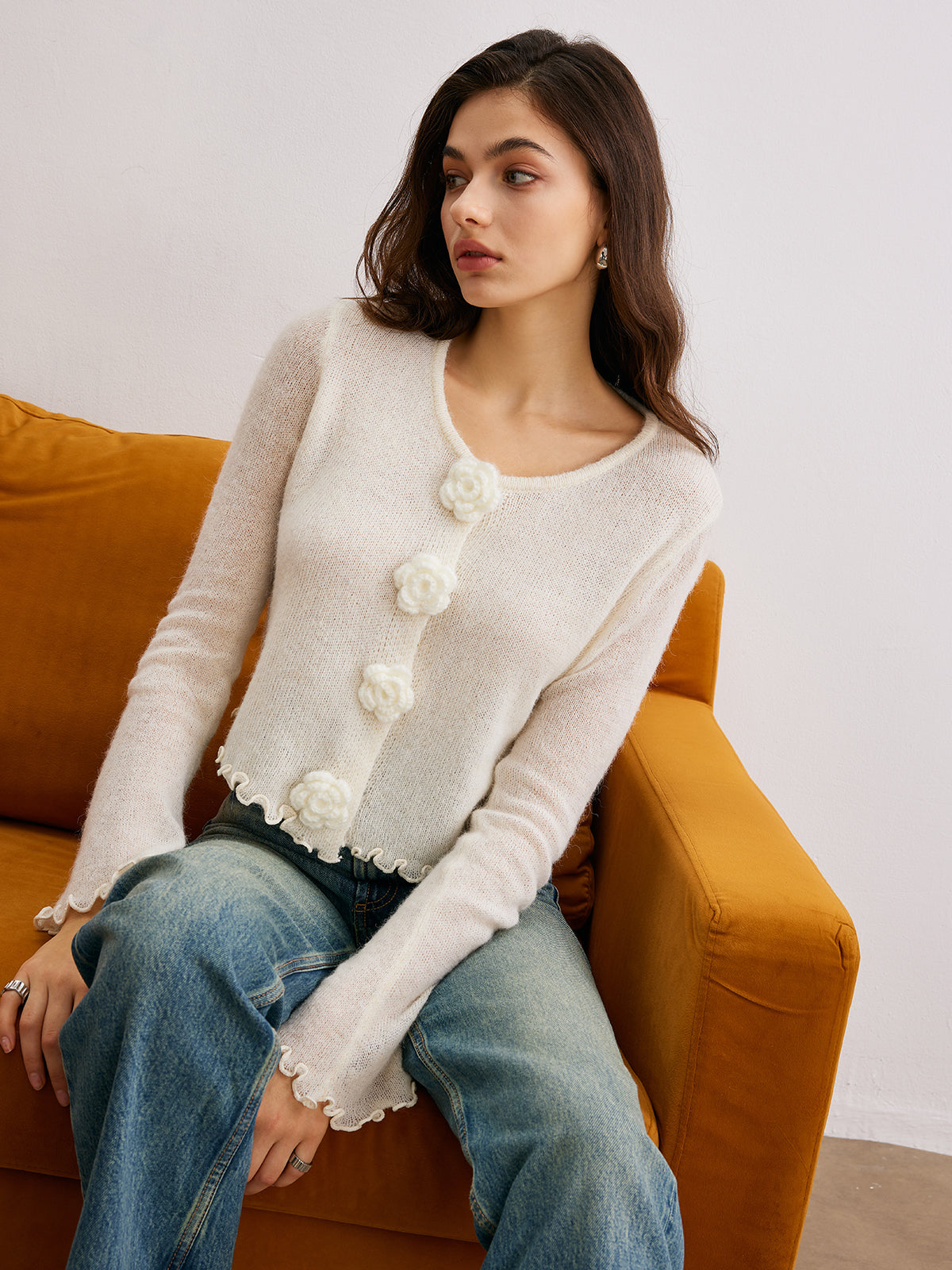 Wollmischung Volant 3D Blumen Detail Cardigan