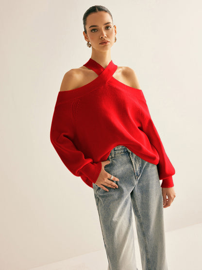 Kreuzkragen Cold-Shoulder Pullover