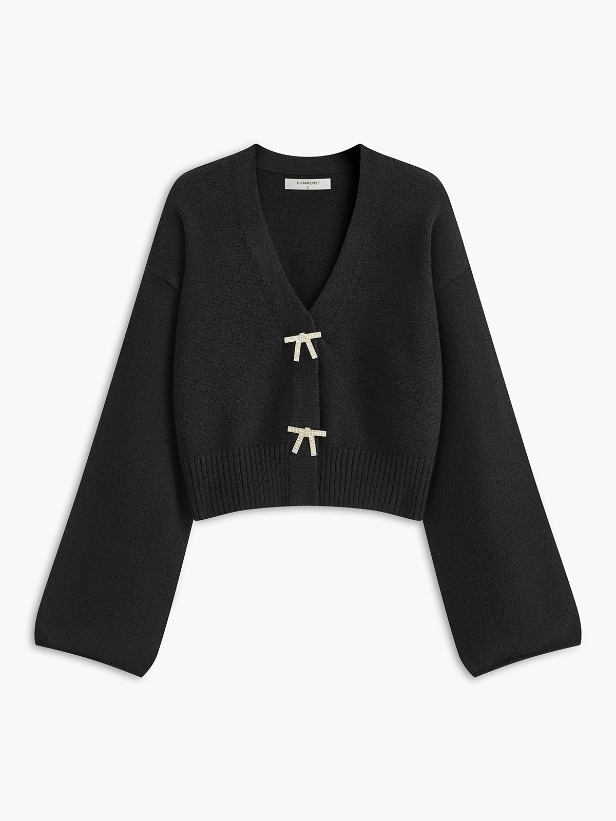 V-Ausschnitt Strickjacke mit Steinverzierung und Schleifendetail