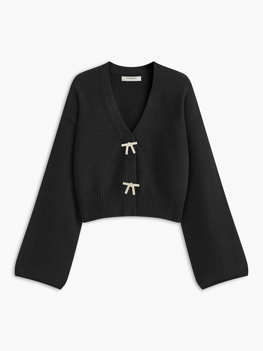 V-Ausschnitt Strickjacke mit Steinverzierung und Schleifendetail