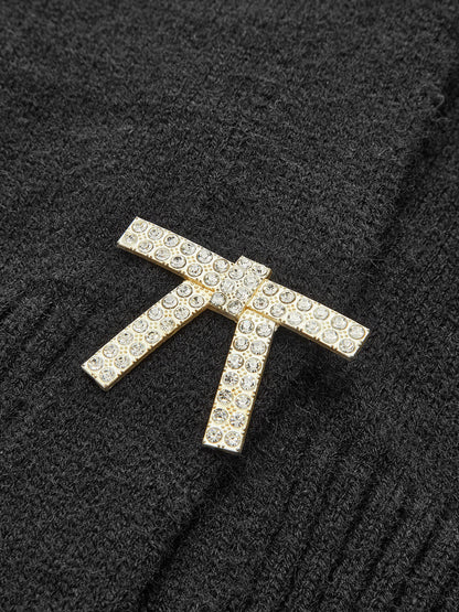 V-Ausschnitt Strickjacke mit Steinverzierung und Schleifendetail