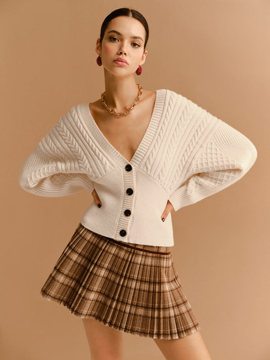 V-Ausschnitt Raffung Taillierter Knopf-Cardigan