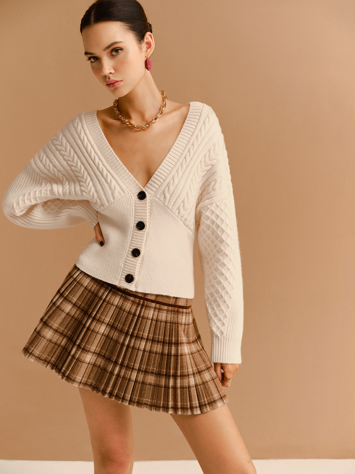 V-Ausschnitt Raffung Taillierter Knopf-Cardigan