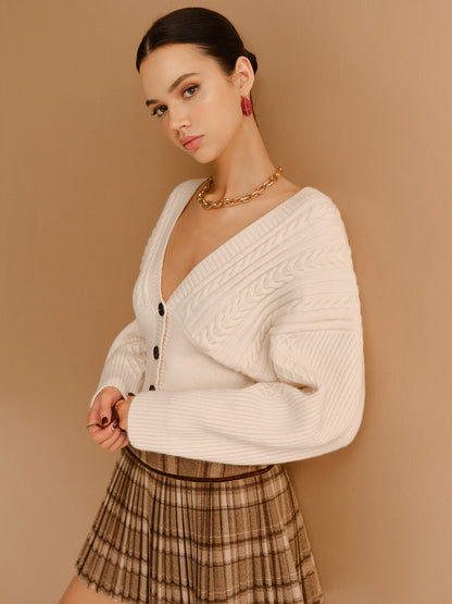 V-Ausschnitt Raffung Taillierter Knopf-Cardigan