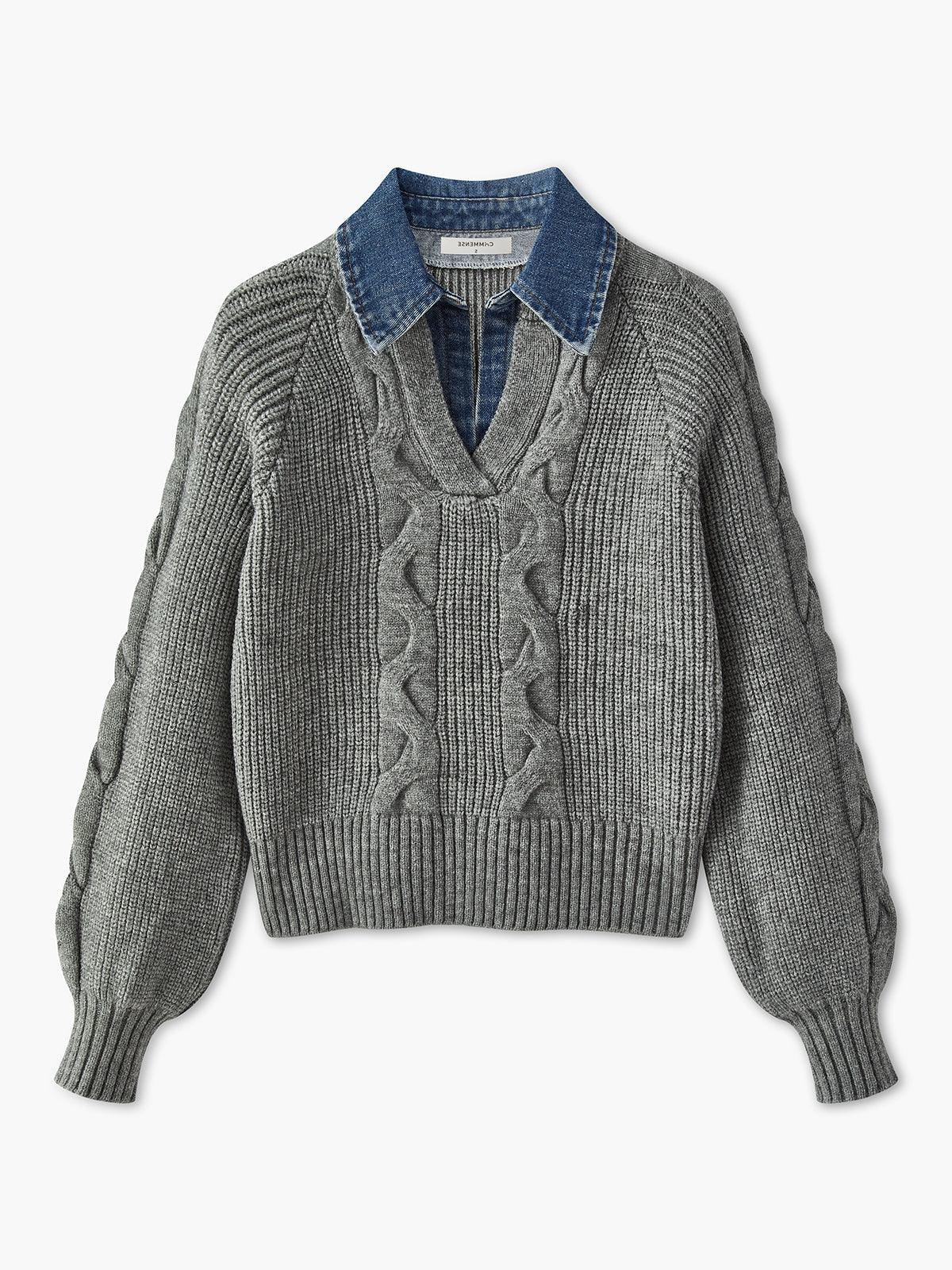 Denim-Panel-Rippkragenpullover