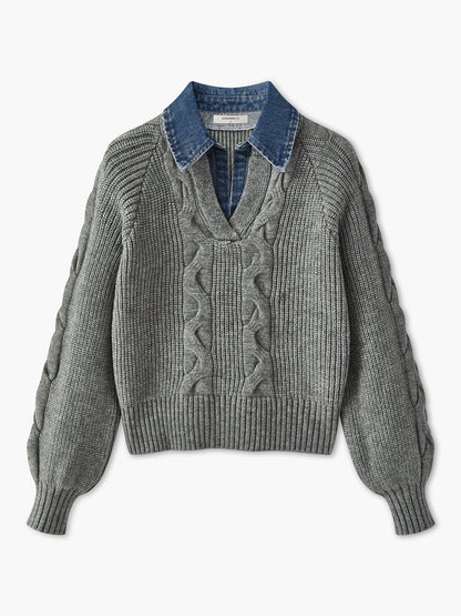 Denim-Panel-Rippkragenpullover
