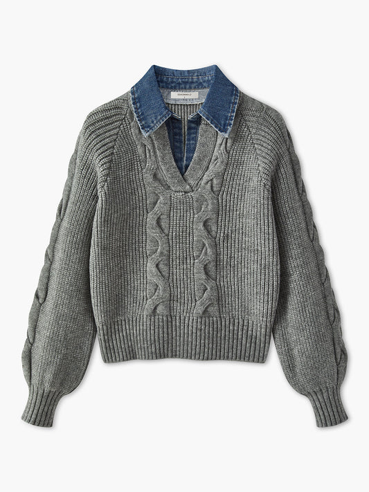 Denim-Panel-Rippkragenpullover