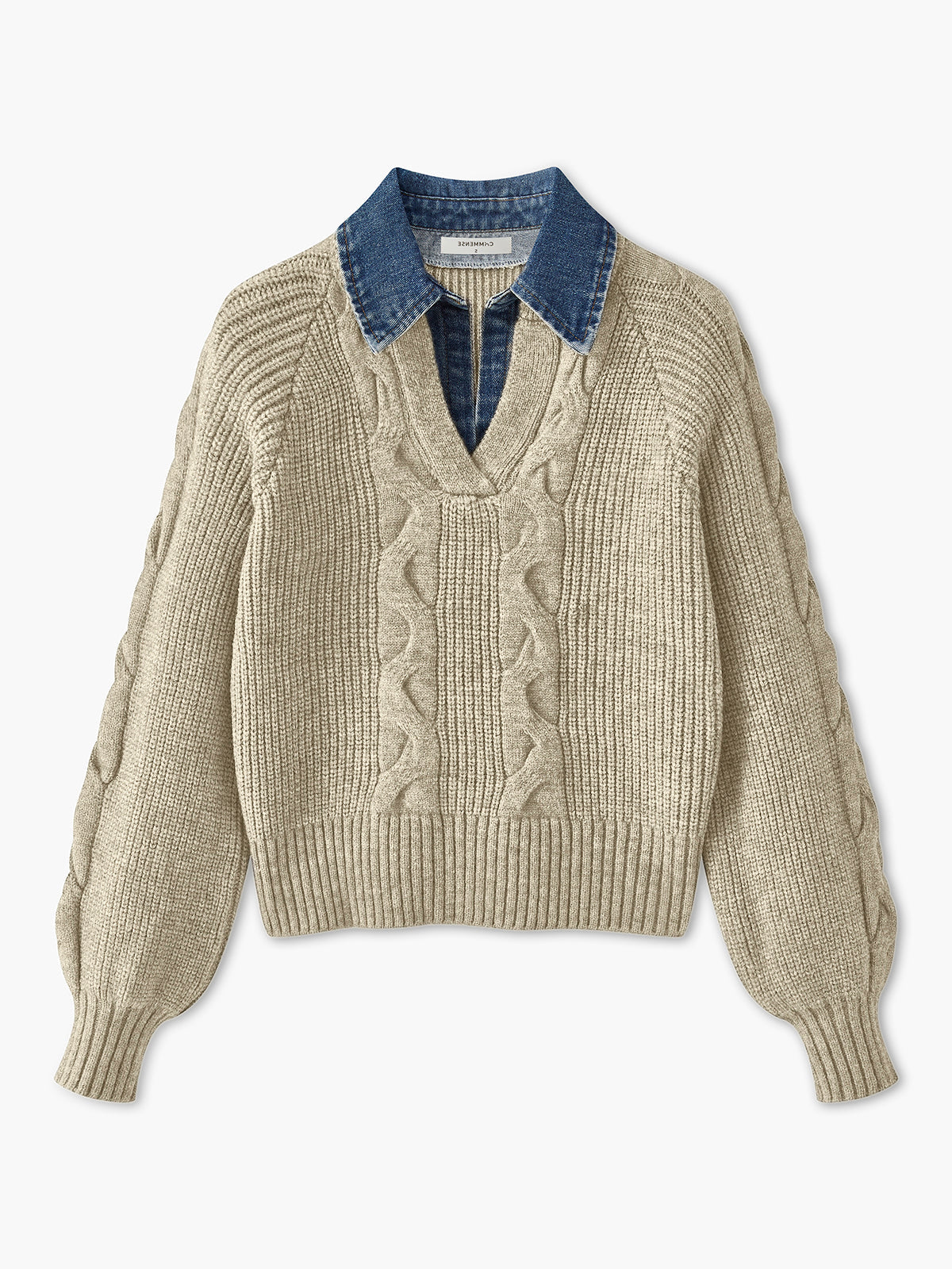 Denim-Panel-Rippkragenpullover