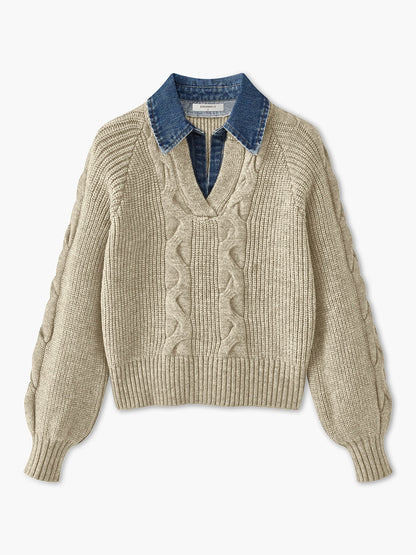 Denim-Panel-Rippkragenpullover